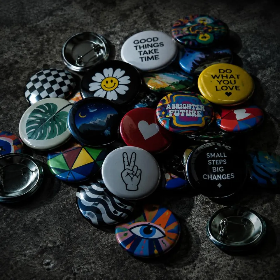 Pile of colorful custom pin-back buttons